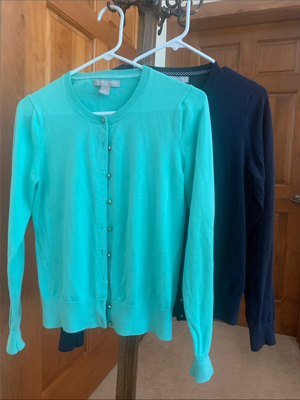 Lightweight Teal and navy Crewneck Cardigan Sweaters - Ladies
